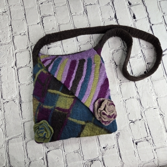 Vtg Rising Tide felted wool hobo hippie boho festival bag purse nepal - Picture 9 of 9